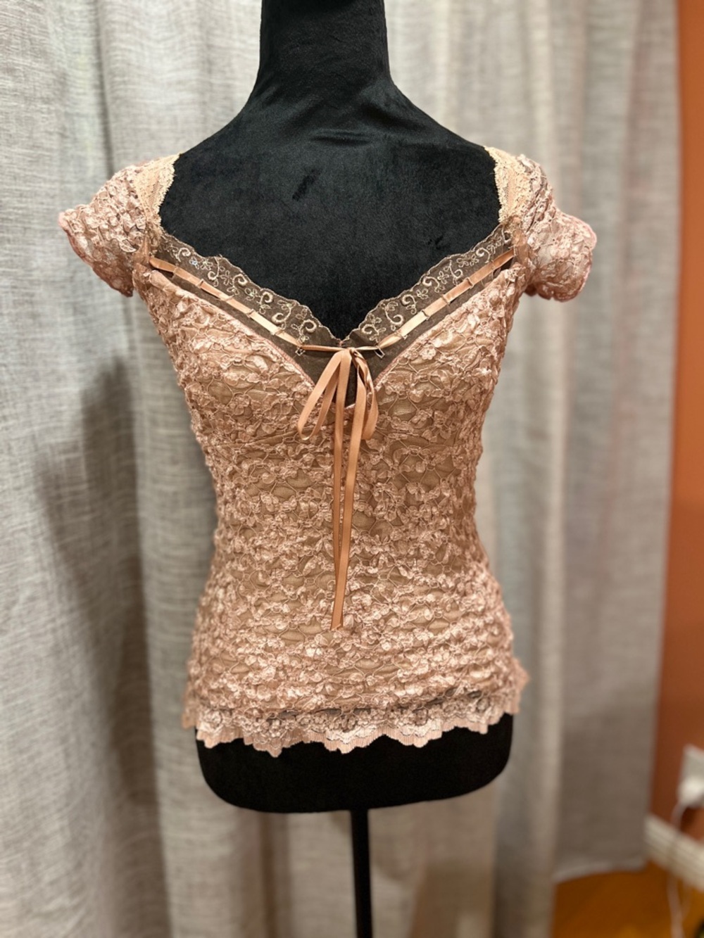 Anne Faraday Y2K Lace Nude Cap Sleeve Top - Size OS